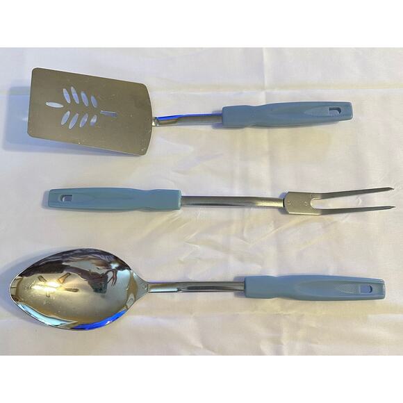 Vintage Korean Made Kitchen Utensil Set Spatula Spoon Fork Blue Plastic Handle - Picture 2 of 4